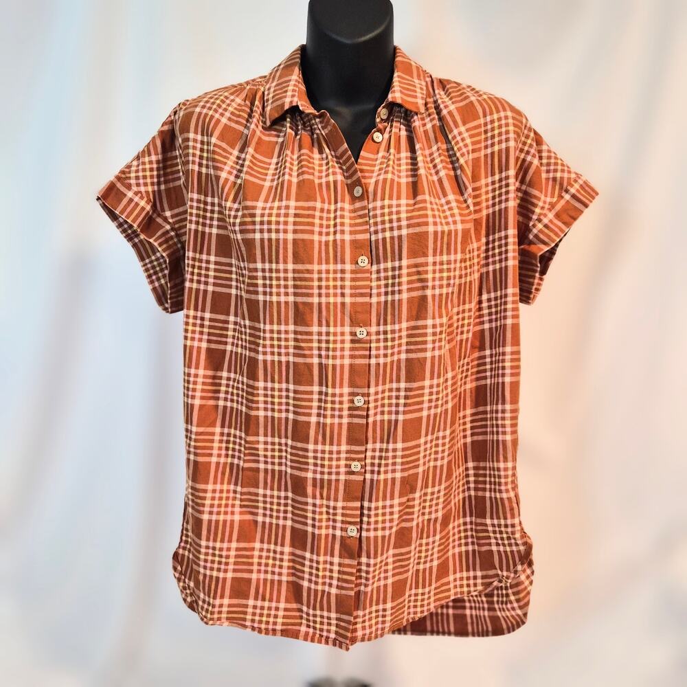 Madewell XS Plaid Short Sleeve Button Down Blouse Top Brown Orange SP19 Casual